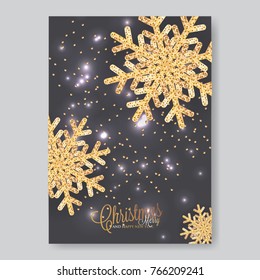 Merry Christmas and Happy New Year greeting card with gold glittering snowflakes frame on dark background Party invitation
