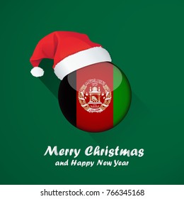Merry Christmas and happy new year background design  with glossy round Flag of Afghanistan. vector illustration.