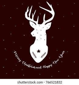 Merry Christmas and Happy New Year. Deer head silhouette on dark background. Postcard. Stencil design.