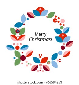 Merry Christmas, Happy New Year card design. Abstract flat xmas wreath  traditional winter holidays decoration. Elegant design for greeting cards, postcards, invitation cards,  gift tags. Vector 