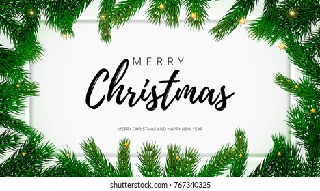 Merry Christmas and Happy New Year holiday greeting card with text on Christmas fir tree background. Vector stock fir branch frame of New Year festive winter decoration on premium frame white