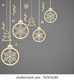 Merry Christmas and a Happy New Year. Beautiful gift card with hanging christmas balls, Christmas tree and ribbon. Elegant background for christmas design. Vector illustration.