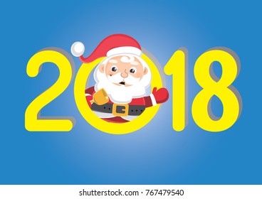 Merry Christmas and Happy New Year 2018 card, Banner, Poster, template isolated on blue background. Santa claus. Vector illustration