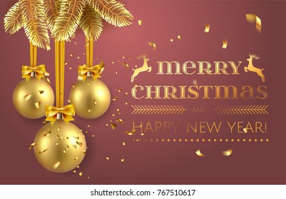 Merry Christmas and Happy New Year greeting card or flyer invitation template with confetti, golden Christmas fir tree branches, xmas ball with bow ribbon on luxury rich background. Vector stock 