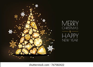 Merry Christmas, Happy New Year Greeting Card. Vector Golden 3d Christmas Tree, Gold Gems And Snowflakes On Black Background. Holiday Horizontal Banner Layout, Flyer, Poster With Diamonds, Jewels.