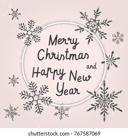 Merry Christmas and Happy New Year greeting card. Vector illustration with lettering text, inscription in circle frame, shiny stars, sparkles, silver glittering snowflakes. Cute Xmas banner design
