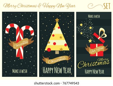 Merry Christmas and Happy New Year card collection. Christmas tree, candy and opened gift box, make a wish. blue, red and yellow colors. hand drawn cards. can be used for banner, invitation etc.