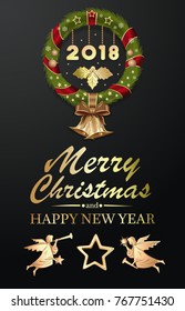 Merry Christmas and Happy New Year 2018. Festive Christmas card. Vector illustration
