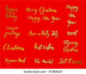 Merry Christmas. Happy New Year, 2018 greeting card. Typography xmas set with hand drawn text and design decoration elements. Vector logo, lettering, emblems for banners, greeting cards, gifts. Gold.
