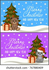 Merry Christmas and happy new year greeting card set. The bear and the wolf in red caps of Santa Claus, Christmas tree, gift box. The cartoon style. Vector illustration.