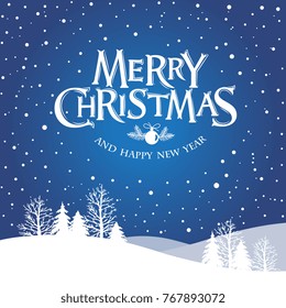 Merry Christmas and Happy New Year  typography vector design for greeting cards and poster. Merry Christmas hand lettering, with winter landscape, with snowflakes, light. Vector illustration.