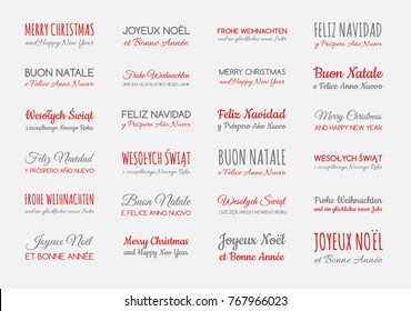 Merry Christmas and Happy New Year in different languages: English, Spanish, German, French, Polish, Italian. Collection of greetings. Vector.