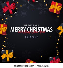 Merry Christmas and Happy New Year banner on dark background with snowflakes and gift boxes. Vector illustration