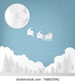 Merry Christmas and Happy New Year. Santa Claus on the sky.  Winter holiday snow in park background, paper art and craft style.