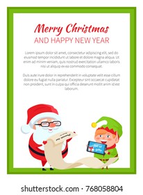 Merry Christmas and Happy New year posters with Santa and elf vector with place for text. Father Christmas and little helper reading gifts list together
