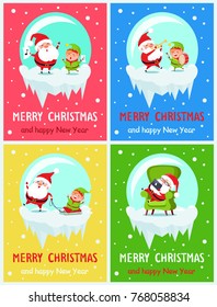 Merry Christmas and happy New Year, placards set with singing winter characters, sleeping Santa and elf playing drums, isolated on vector illustration