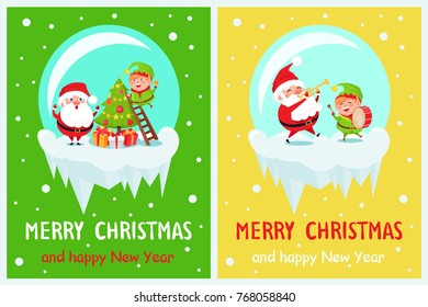 Merry Christmas and happy New Year, elf standing on ladder with star ready to decorate tree, Santa Claus worrying about him vector illustration