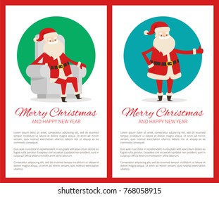 Merry Christmas happy New Year cute Santa Claus on two light posters on white in red frames. Vector illustration with funny Santa in traditional costume