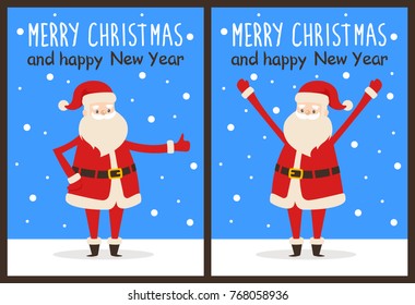 Merry Christmas and happy New Year Santa congrats on set of snowy posters. Vector illustration with happy smiling xmas symbol in different poses
