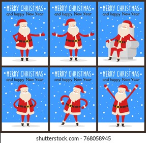 Merry Christmas and happy New Year Santa congrats on set of six snowy posters. Vector illustration with happy smiling xmas symbol in different poses