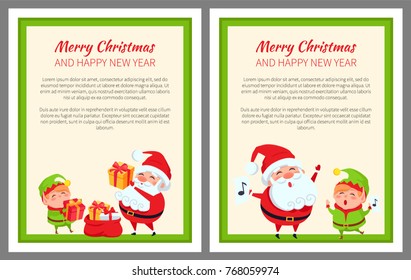 Merry Christmas happy New Year elf and Santa Claus bright posters on light background. Vector illustration with characters with presents in green frame