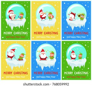 Merry Christmas and happy New Year, Santa with long sheet of paper and elf helping him with checking presents for kids vector illustration