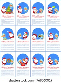 Merry Christmas and happy New Year, set of placards with text below images of Santa Claus and Snow Maiden doing work isolated on vector illustration