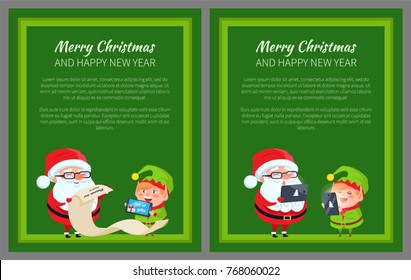 Merry Christmas and Happy New Year posters Santa and Elf reading wish list on paper scroll, communicating on digital tablet and smartphone vector