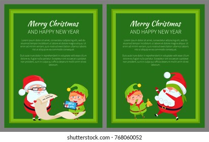 Merry Christmas and Happy New Year posters Santa and Elf reading wish list on paper scroll