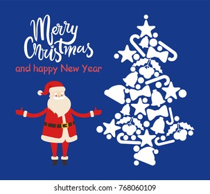 Merry Christmas and happy New Year, Santa and tree consisting of icons of bell and candy, hat and mistletoe, star and ball vector illustration