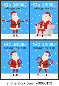 Merry Christmas and happy New Year Santa congrats on set of snowy posters. Vector illustration with happy smiling xmas symbol in different poses