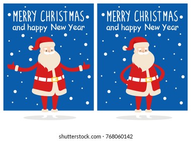 Merry Christmas and Happy New Year posters set Santa Claus with raised hands and put on waist vector illustration cartoon character on snowy backdrop