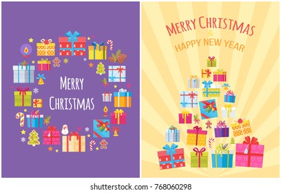 Merry Christmas Happy New Year posters present boxes and Xmas symbols as tree, candy stick, golden bell, gingerbread boy, burning candle, snowflakes