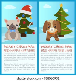 Merry Christmas and Happy New Year, banners set with dogs sitting calmly by pine tree ornate with garlands and bells with balls vector illustration