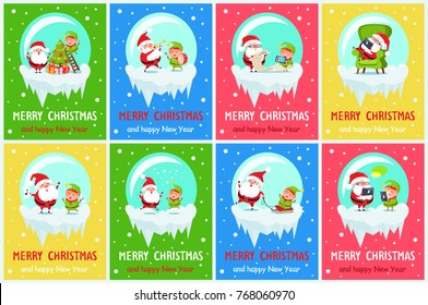 Merry Christmas and happy New Year, great pleasure of elf and Santa, Claus and helper playing music, doing job and sing, vector illustration