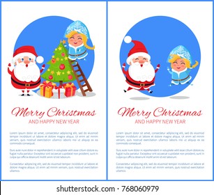 Merry Christmas and happy New Year, tree decoration made by Snow Maiden and Santa Claus, jumping characters and text sample vector illustration