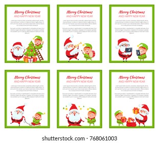 Merry Christmas and happy New Year set of cards with text sample and Santa Claus with elf, frames vector illustration isolated on white backgrounds