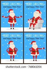 Merry Christmas and happy New Year Santa congrats on set of snowy posters. Vector illustration with happy smiling xmas symbol in different poses