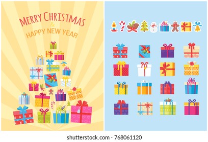 Merry Christmas Happy New Year posters pile of gift boxes, symbols of Xmas holidays, icons of burning candle, candy stick, pine cones, tree vector