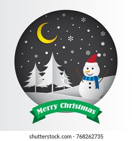 Merry Christmas and Happy New Year. paper art and craft style, 
 tree, snowman