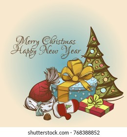 Merry Christmas and Happy New Year. Beautiful greeting card in vintage style.