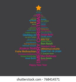 Merry Christmas and Happy New Year in different languages in the shape of Christmas three, celebration word tag cloud greeting card, vector art