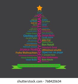 Merry Christmas and Happy New Year in different languages in the shape of Christmas three, celebration word tag cloud greeting card, vector art