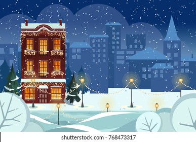 Merry Christmas and Happy New Year snowy city Background with Winter City Landscape. cozy house and trees. Christmas eve in old town. Christmas greeting card background poster. Vector illustration