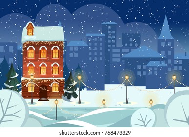 Merry Christmas and Happy New Year snowy city Background with Winter City Landscape. cozy house and trees. Christmas eve in old town. Christmas greeting card background poster. Vector illustration