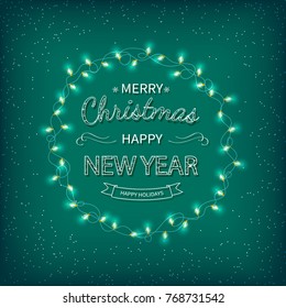 Merry Christmas and Happy New Year Greeting Background. Beautiful logo lettering with garlands on a green background. Xmas card Vector illustration