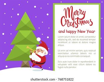 Merry Christmas and Happy New Year poster with Santa playing trumpet in forest near abstract spruce tree on background of night sky with stars vector
