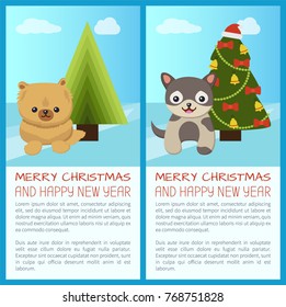 Merry Christmas and Happy New Year, banners set with dogs sitting calmly by pine tree ornate with garlands and bells with balls vector illustration