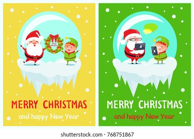 Merry Christmas and Happy New Year postcard Santa and Elf holding wreath, sending greetings via tablet and smartphone, reading wishes vector poster
