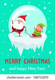 Merry Christmas and Happy New Year greeting card with Santa and Elf having fun together by riding on sleigh. Vector cartoon characters on icy cliffs